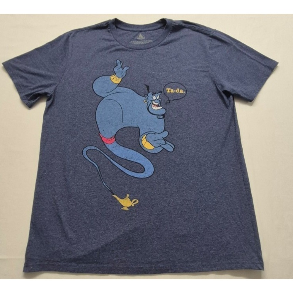 Disney blue heather Aladdin Genie "Ta-Da" graphic t-shirt LG crew neck